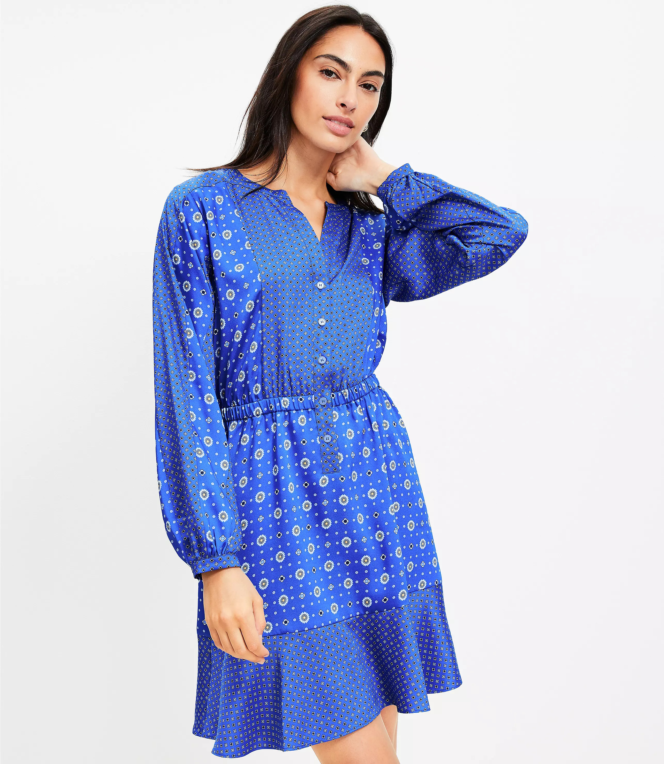 Mixed Geo Flounce Mini Shirtdress | LOFT