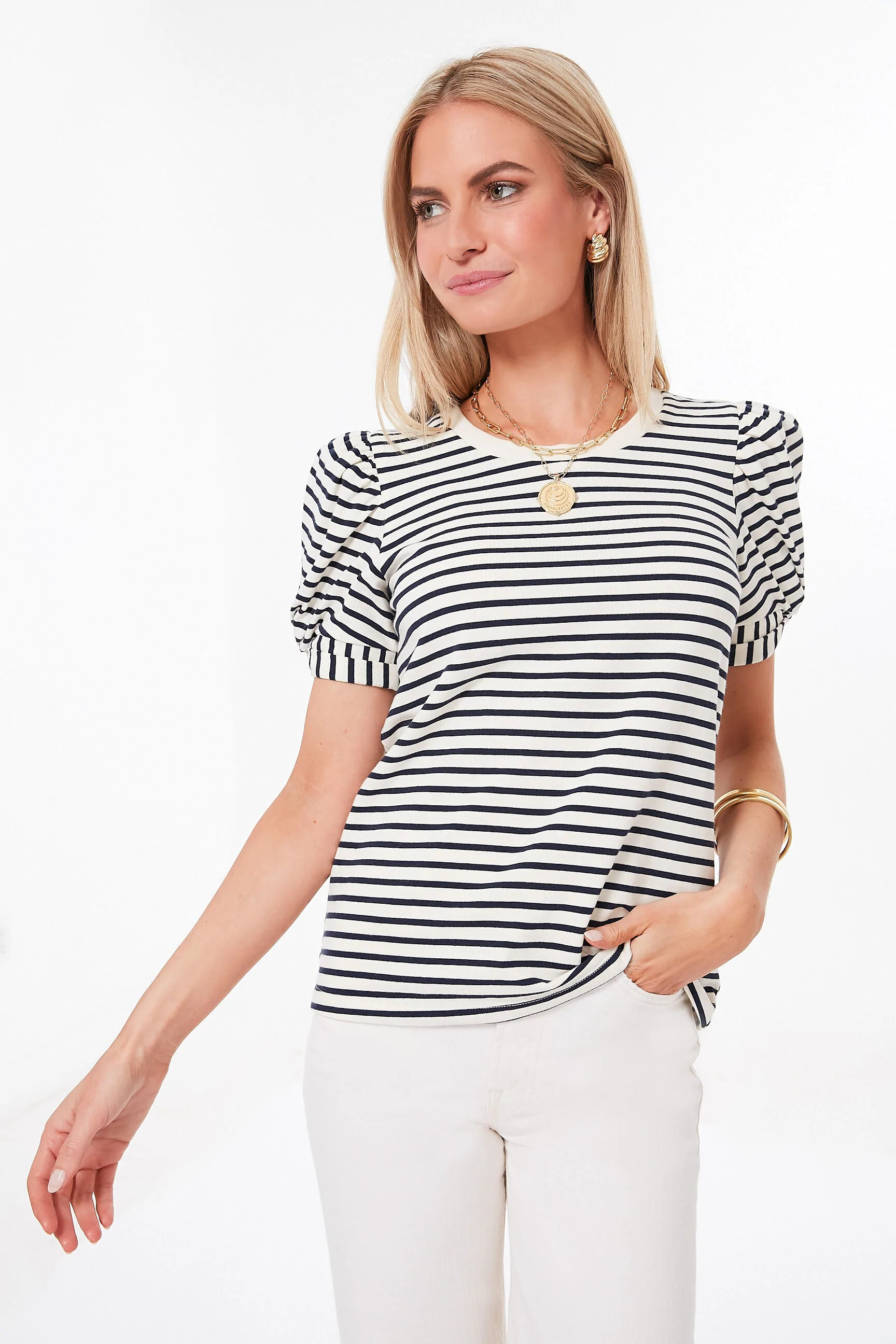 Navy Striped Vesty Puff Short Sleeve Crewneck | Tuckernuck (US)