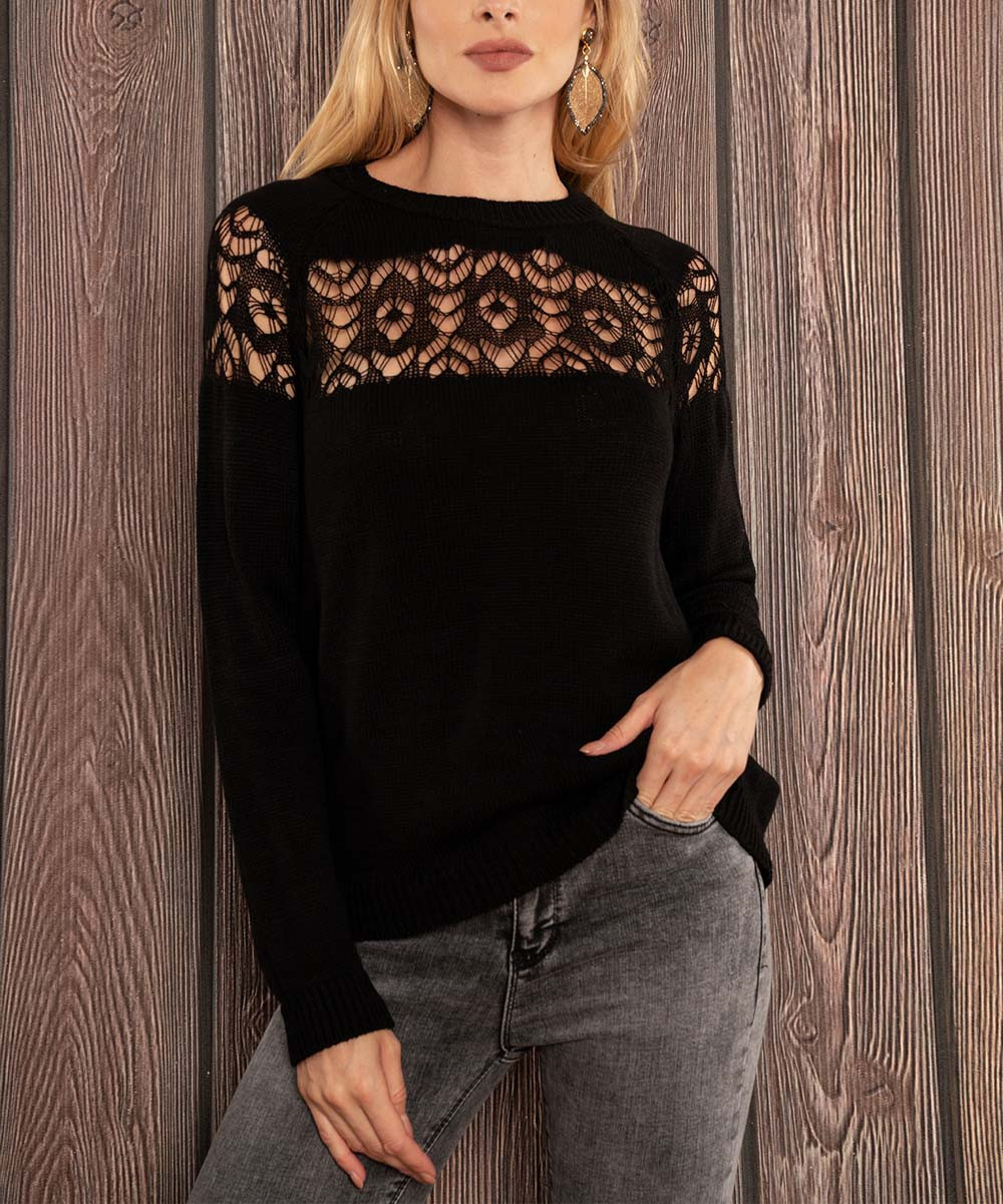 AQE Fashion Women's Pullover Sweaters BLACK - Black Geometric Lace-Yoke Sweater - Women | Zulily
