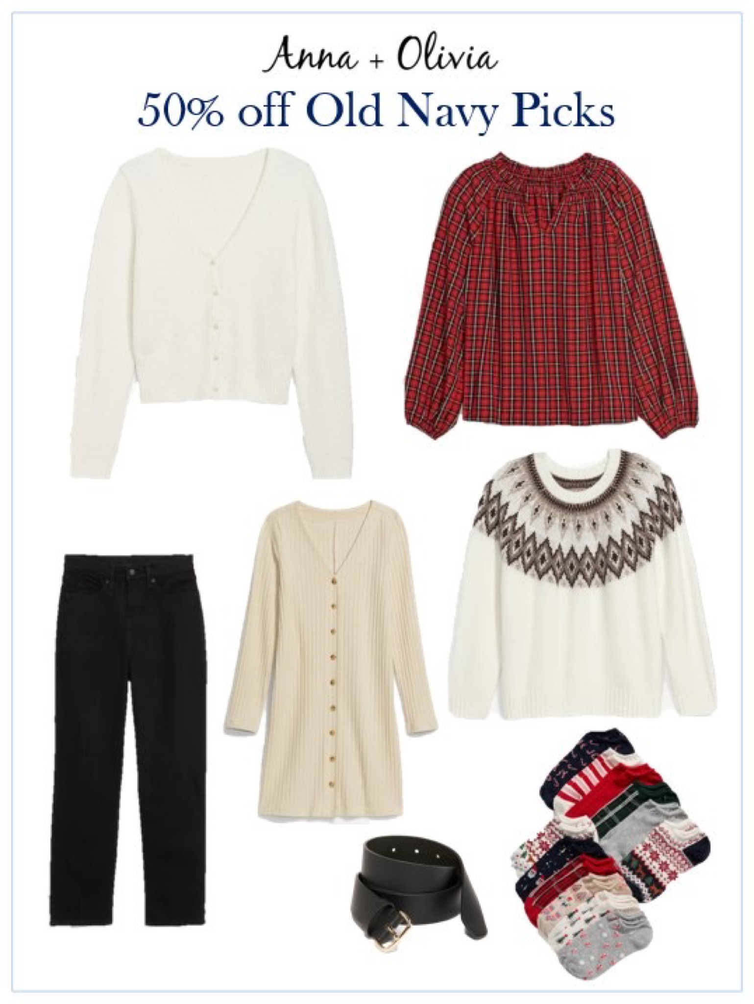 Old Navy is having a 50% off sale today and all of these items are included! I absolutely love this fairisle sweater and the cardigan with pearl buttons. Also, these Christmas patterned socks are the perfect for the holidays! 

#LTKSeasonal #LTKunder50 #LTKsalealert