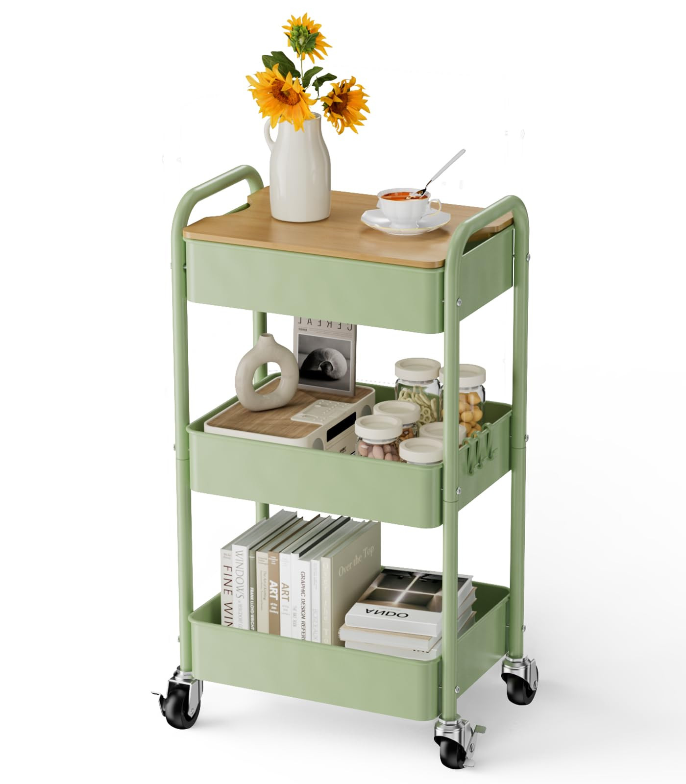 3 Tier Rolling Cart with Table top, Metal Rolling Utility Cart, Sturdy Storage Organizer Cart wit... | Amazon (US)