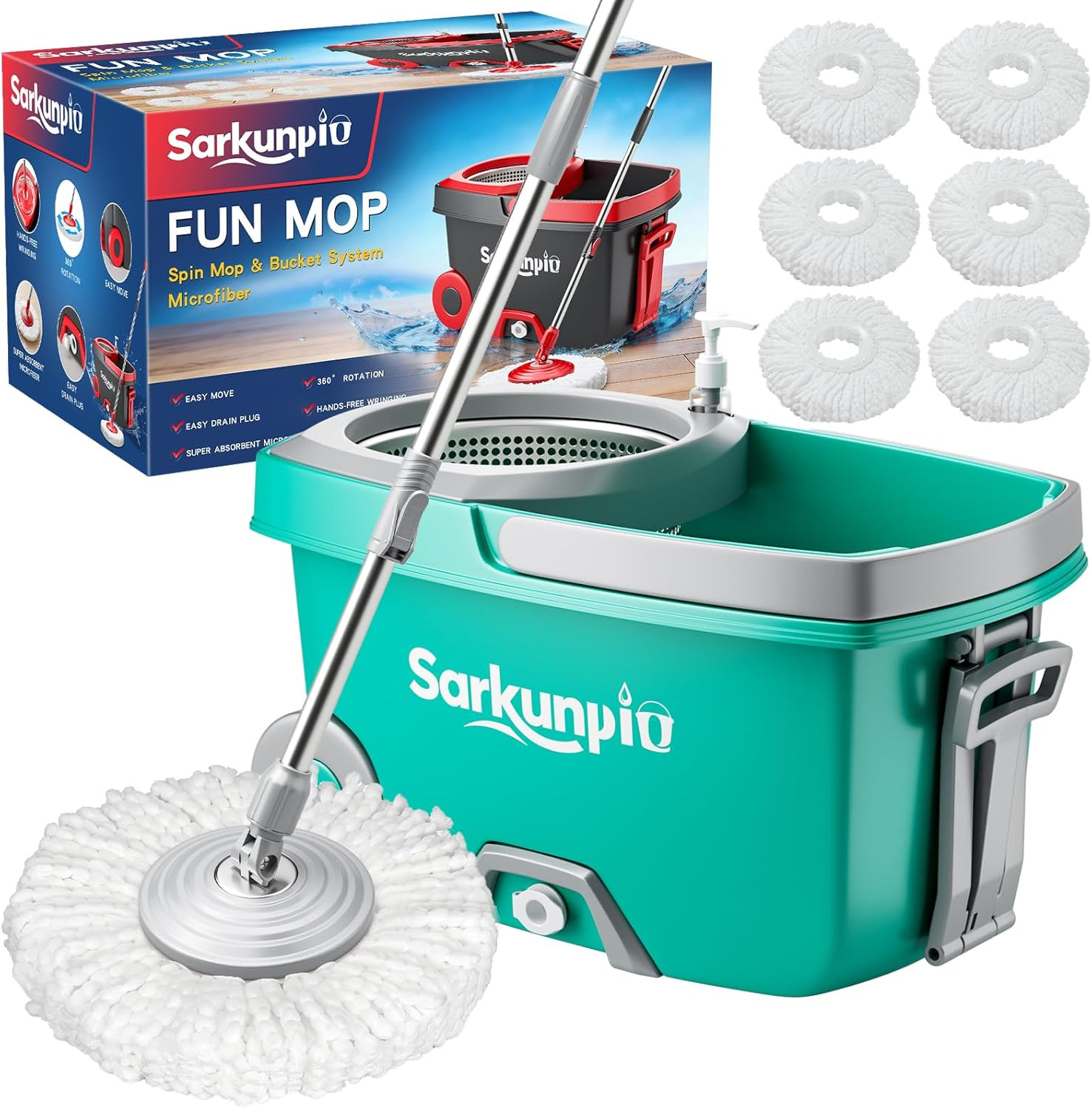 Spin Mop and Bucket Set with 6 Microfiber Heads, Turquoise | Floor mop with wringer, hand-press w... | Amazon (US)