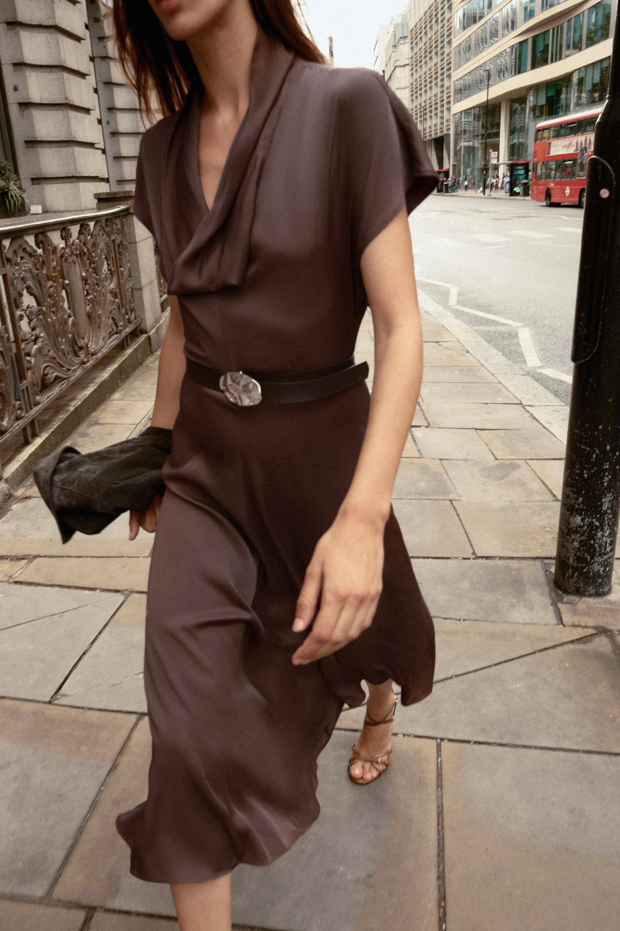 BELTED DRAPED NECK MIDI DRESS | Zara US
