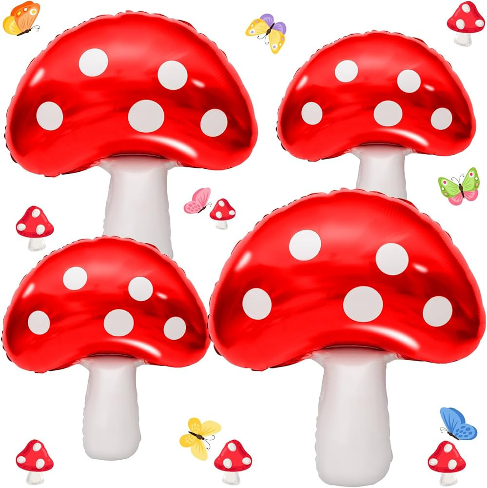 4 Pcs Cute Mushroom Balloons - 31 x 21 Inch Large Mushroom Aluminum Foil Balloons, Easy to Inflat... | Amazon (US)