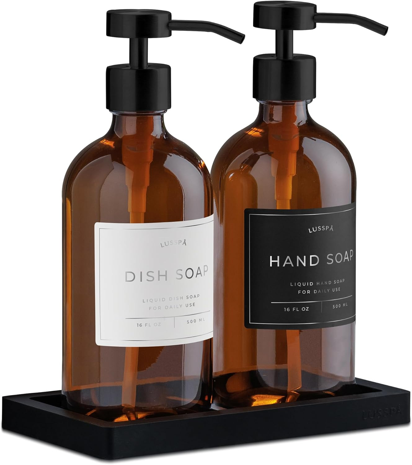 Glass Soap Dispenser Set of 2 (Amber) with Silicone Tray | Hand and Dish Soap Dispenser for Kitch... | Amazon (US)