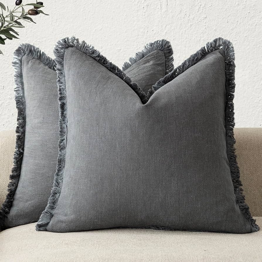 Foindtower Set of 2 Decorative Linen Fringe Throw Pillow Covers Cozy Boho Farmhouse Cushion Cover... | Amazon (US)