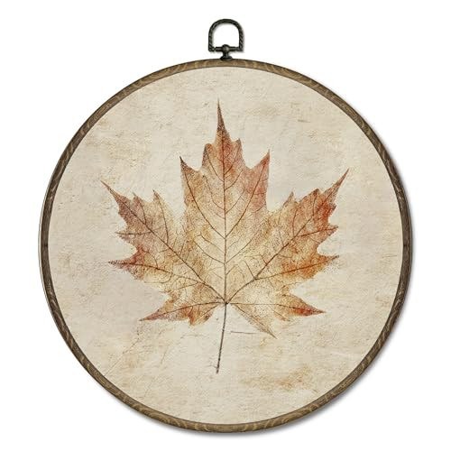 OINDADE Vintage Maple Leaf Fall Round Wall Art Decor, Rustic Autumn Fall Leaves Wall Art Hanging Decor, Vintage Rustic Farmhouse Framed Canvas Artwork for Home Living Room Farmhouse, 10x10in | Amazon (US)