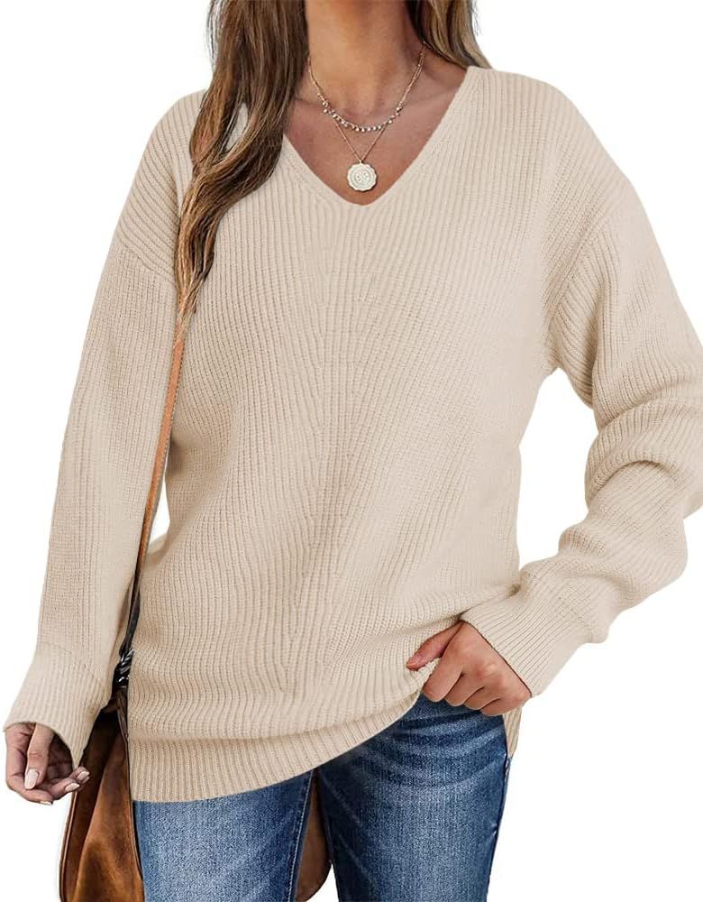 NIUBIA Womens V Neck Long Sleeve Knit Sweater 2023 Fall Oversized Ribbed Stretchable Elasticity P... | Amazon (US)