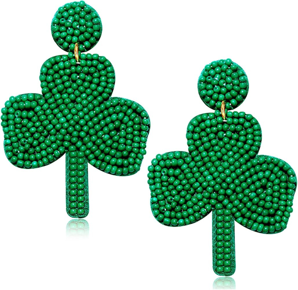 St. Patrick's Day Earrings Beaded Green Shamrock Earrings Handmade Lucky Leaf Drop Dangle Earring... | Amazon (US)