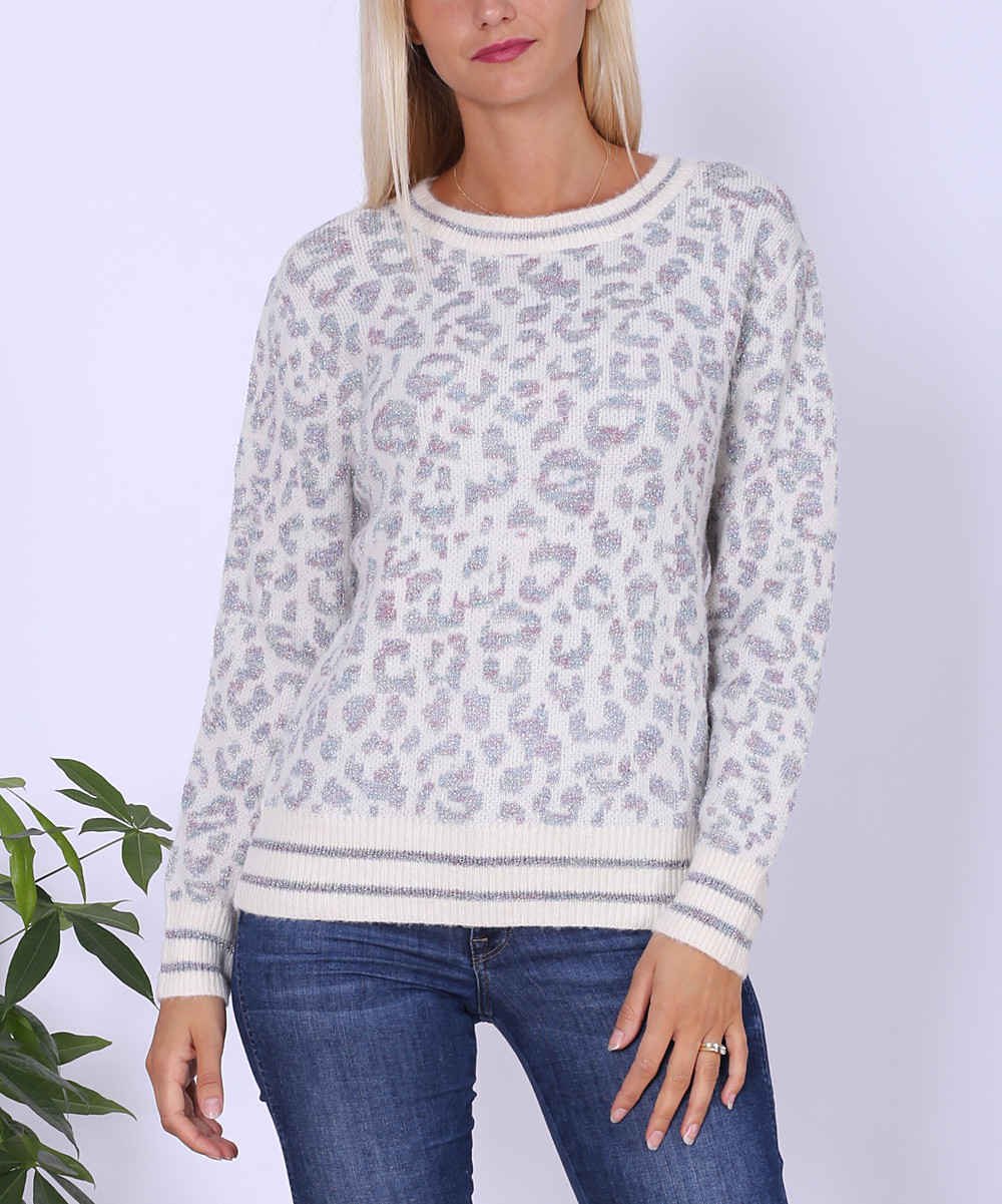 Ciao Milano Women's Pullover Sweaters WHITE - White Leopard Stripe-Trim Crewneck Sweater - Women | Zulily