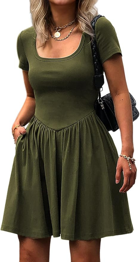 Women's Summer Casual Short Sleeve Mini Dress Square Neck A Line Pleated Swing Dresses Basic Shor... | Amazon (US)