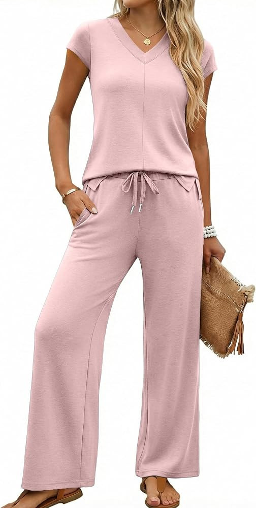 Casly Lamiit 2 Piece Sets for Women Side Slit Cap Sleeve Travel Outfits | Amazon (US)