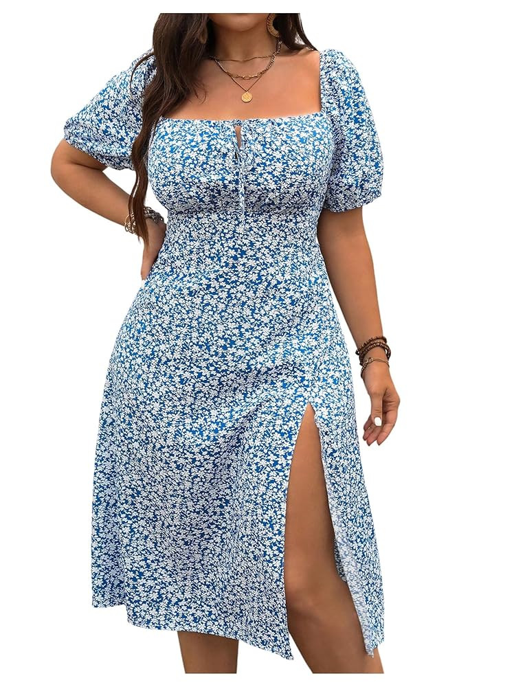 Floerns Women's Plus Size Floral Slit A Line Midi Dress Tie Front Square Neck Puff Sleeve Dresses | Amazon (US)
