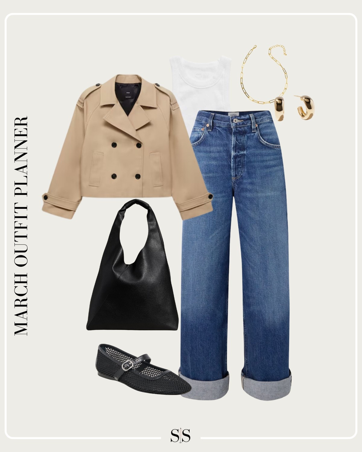 Monthly outfit planner MARCH: Winter to Spring transitional looks | cropped trench coat. High neck tank, cuffed loose jean, slouchy tote, mesh ballet flats 

#springoutfit

#LTKStyleTip