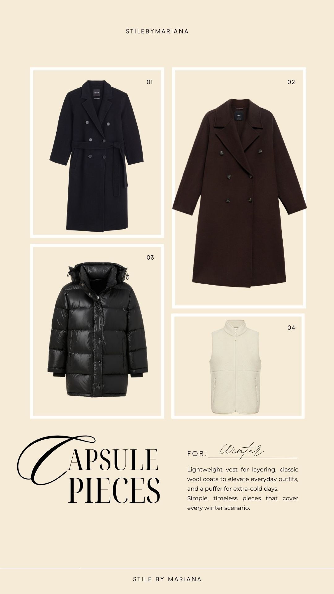 Winter Capsule Coats 🤍
Lightweight vest for layering, classic wool coats to elevate everyday outfits, and a puffer for extra-cold days.
Simple, timeless pieces that cover every winter scenario.
#wintercapsule #wintercoats #winterstaples

#LTKFindsUnder100