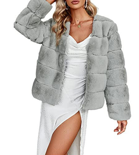 BerryGo Women's V Neck Long Sleeve Faux Fur Jacket Open Front Fuzzy Faux Fur Coat Grey XXXL | Amazon (US)