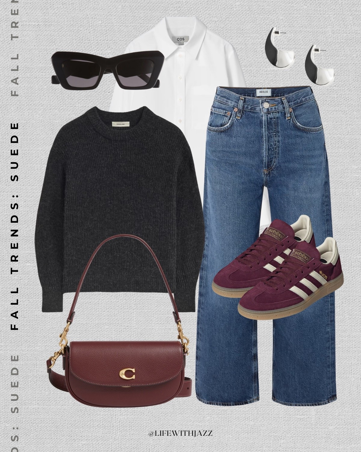 Fall outfit styling suede 

Casual style / elevated style / dark gray sweater / white button down / midwash wide leg blue jeans / burgundy coach purse / adidas sambas / Loewe sunglasses 

#LTKStyleTip