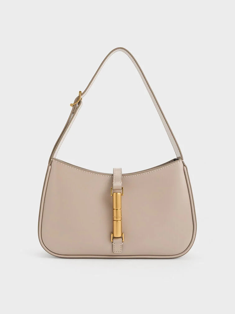 Cesia Metallic Accent Shoulder Bag - Taupe | Charles & Keith UK