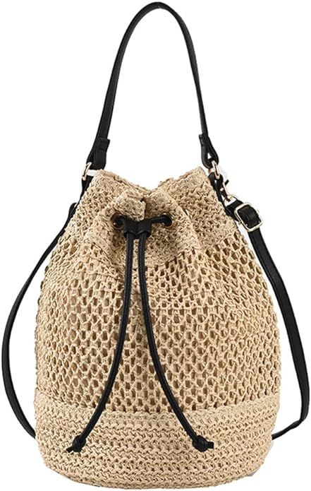 Straw Bucket Bag, Summer Beach Handmade Tote Bag, Woven Rattan Raffia Wicker Basket Purse with Pe... | Amazon (US)