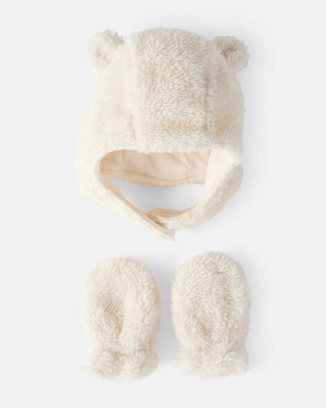 Baby Girl Sherpa Winter Hat & Mittens Set - White | Carter's Inc
