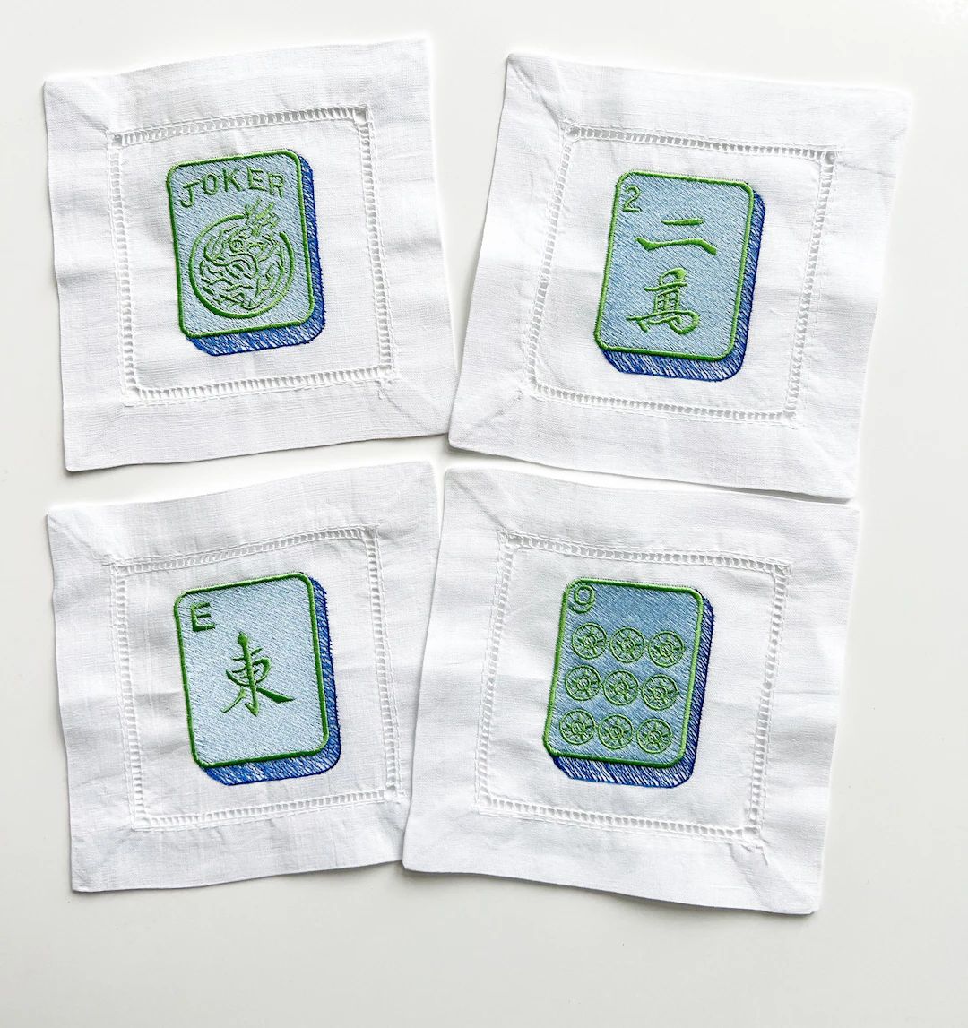 Mahjong cocktail napkins hemstitched linen . 6x6. Set of 4. Blues and green. Cute! Embroidered | Etsy (US)