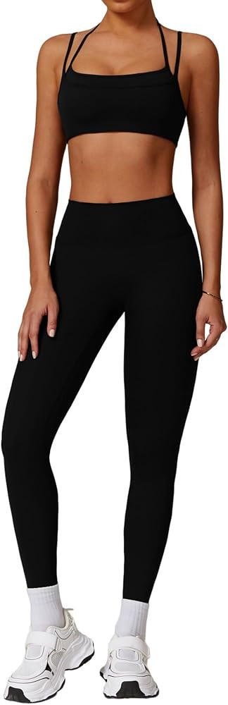 Two Piece Workout Sets For Women Sport Bra Matching High Waist Scrunch Butt Leggings Gym Yoga Act... | Amazon (US)