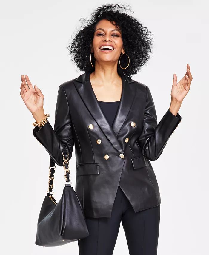 Petite Double-Breasted Faux-Leather Jacket , Created for Macy's | Macy's