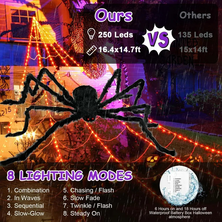 GVDV Halloween Decorations Outdoor, 250 LED Halloween Giant Spider Web Lights, 16.4ft, Outdoor Ya... | Walmart (US)