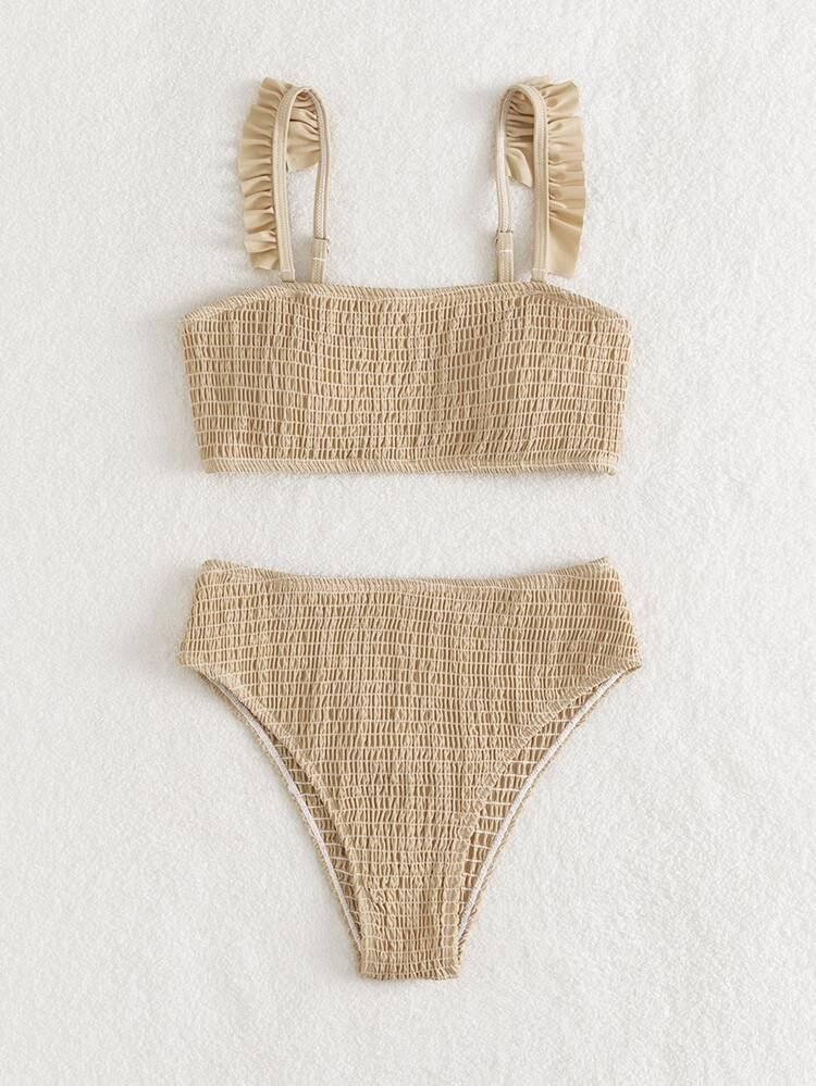 Plain Smocked Frill Trim Bikini Swimsuit | SHEIN