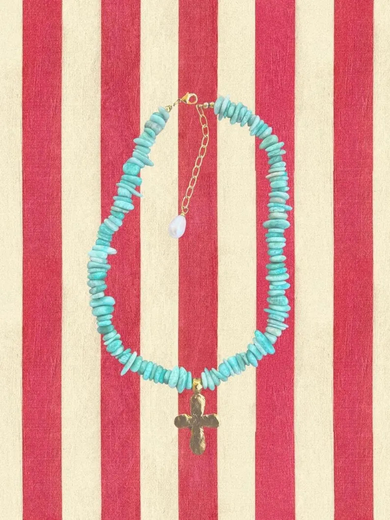 Amazonite Disc Necklace With Gold Cross - Etsy | Etsy (US)