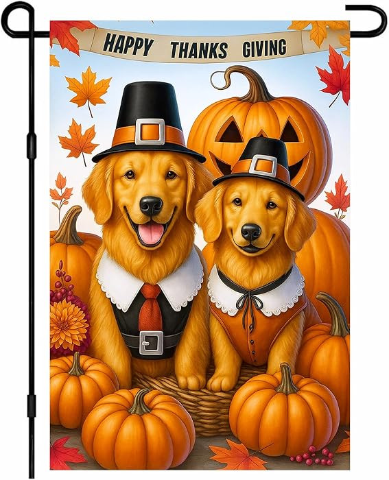 IVN Thanksgiving Garden Flag Golden Retriever Dogs with Pumpkins 12x18 Inch Pilgrim Costume Autum... | Amazon (US)