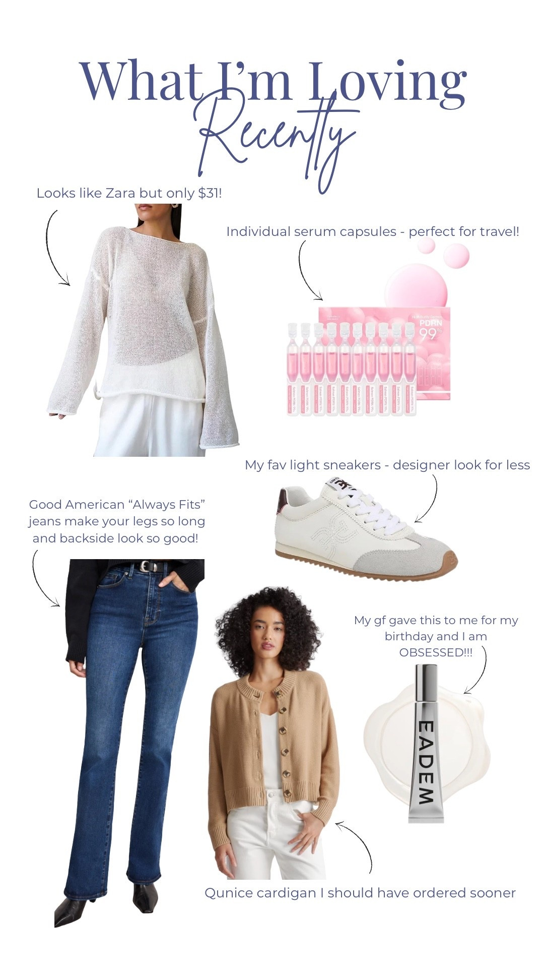 Recent favorites that I think you’ll love too! 
Perfect spring sweater, jeans that make you look skinny, cardigan that goes with everything, comfy light sneakers that are a fraction of the designer version, travel serum capsules, and the most amazing lip balm!

#LTKSeasonal #LTKOver40 #LTKBeauty