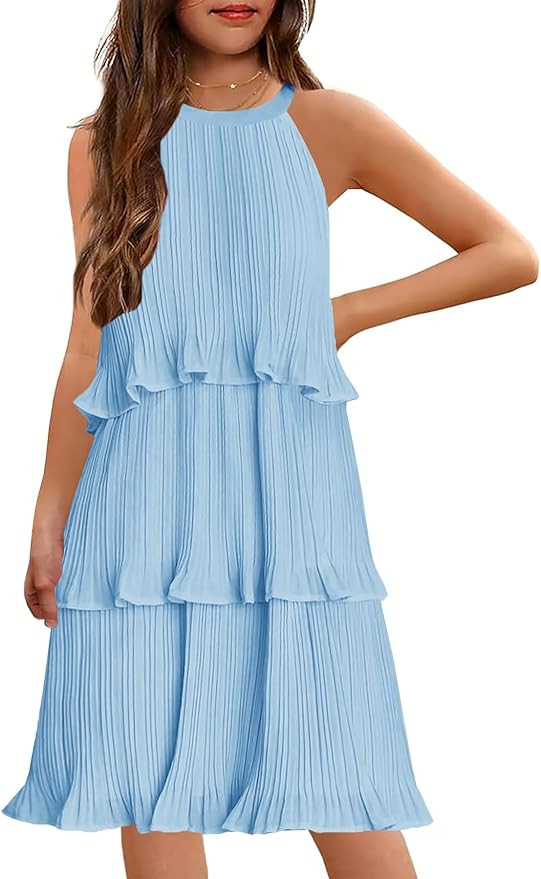 HOSIKA Girls Halter Neck Dresses Summer Sleeveless Ruffle Tiered Layered Chiffon Pleated A Line S... | Amazon (US)