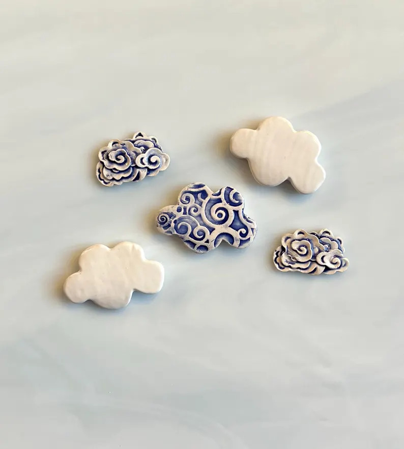 Ceramic Cloud Tiles, 5pcs, Whimsical, Variety of Size and Styles, Dark Blue and White, Celestial,... | Etsy (US)