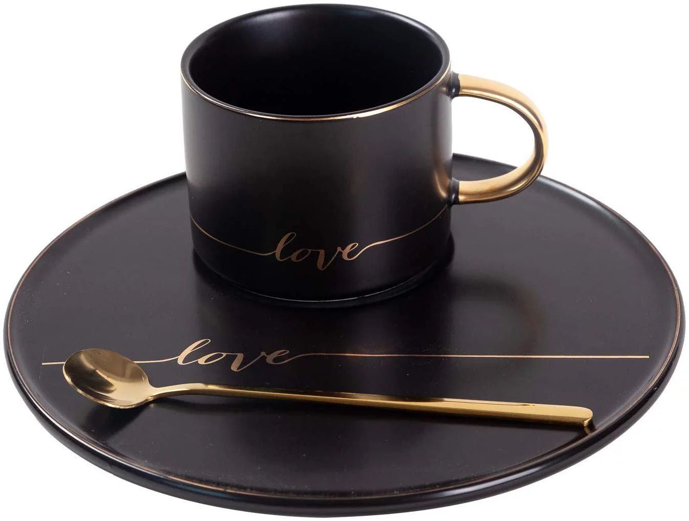 TJ Gobal Porcelain Coffee Mug, Tea Cup with Saucer and Golden Spoon with Gold Scripted Love and T... | Walmart (US)