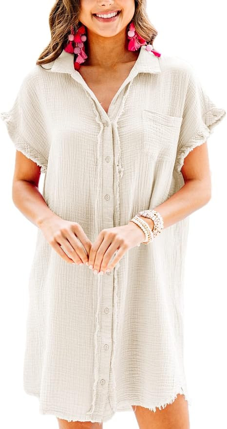 Paintcolors Women's Cotton Button Down Shirt Dresses Tunics Oversized Beach Cover up Blouse Tops ... | Amazon (US)