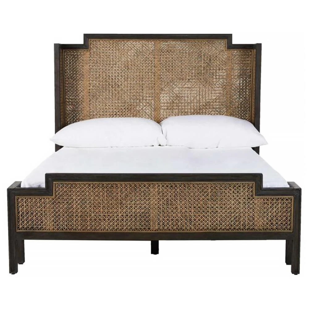 Camille Brown Mahogany Woven Textured Rattan Wingback Bed - Queen | Kathy Kuo Home