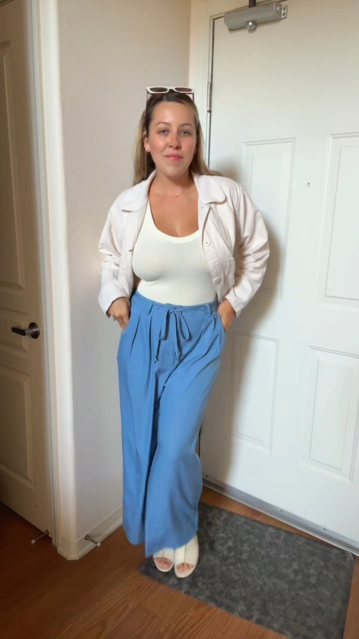 Blue trousers
Business casual outfit

Seamless tank for layering 
 Casual and basic white tank
Work outfit
Summer to fall transition 

#LTKFallSale #LTKWorkwear #LTKFindsUnder100