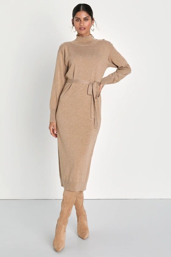Cozy Darling Heather Beige Mock Neck Midi Sweater Dress | Lulus (US)