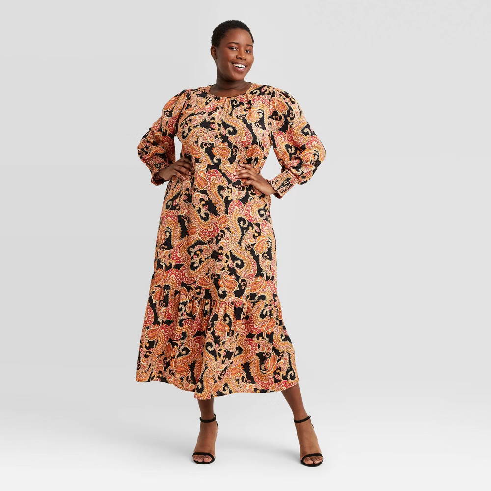 Women's Plus Size Paisley Print Puff Long Sleeve Dress - Who What Wear Black 2X | Target