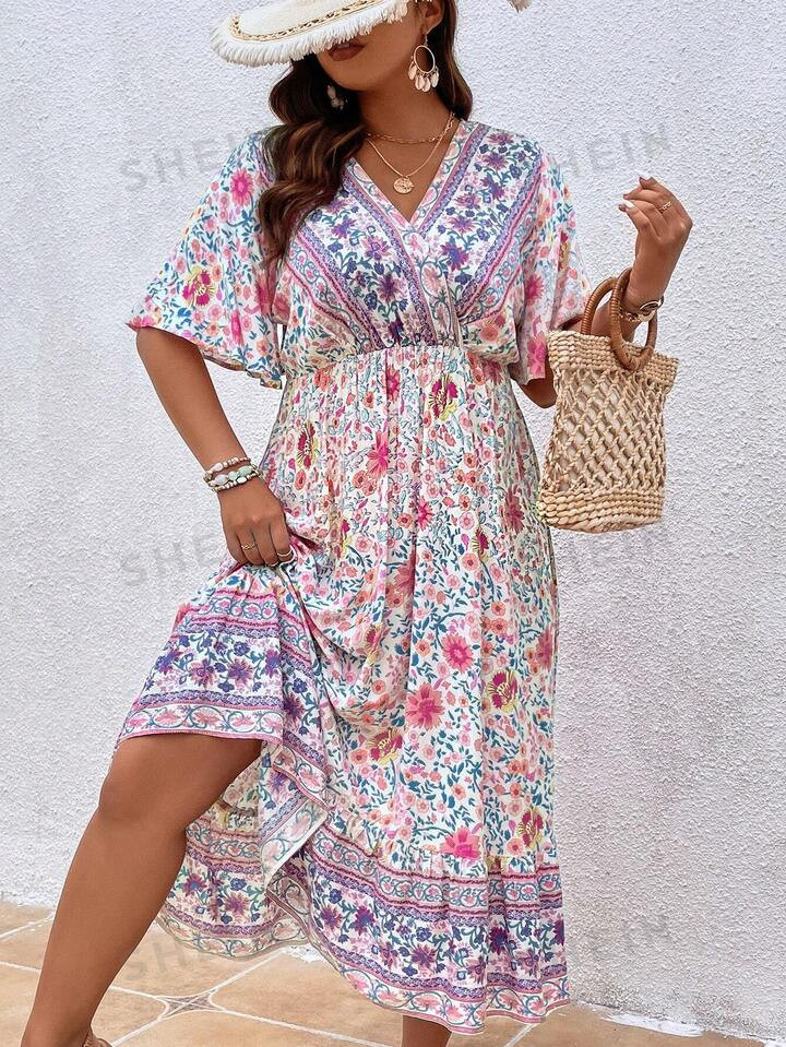 SHEIN VCAY Plus Floral Print Butterfly Sleeve Dress | SHEIN