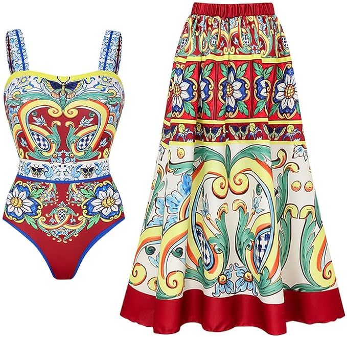 FLAXMAKER Sling Retro Printing Printed One Piece Swimsuit and Skirt | Amazon (US)