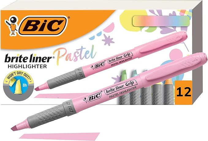 BIC Brite Liner Grip Pastel Highlighter Set, Chisel Tip, 12-Count Pack of Pastel Highlighters in ... | Amazon (US)