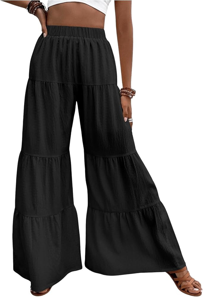 Floerns Women's Elastic High Waist Ruffle Wide Leg Pants Loose Beach Palazzo Pants | Amazon (US)