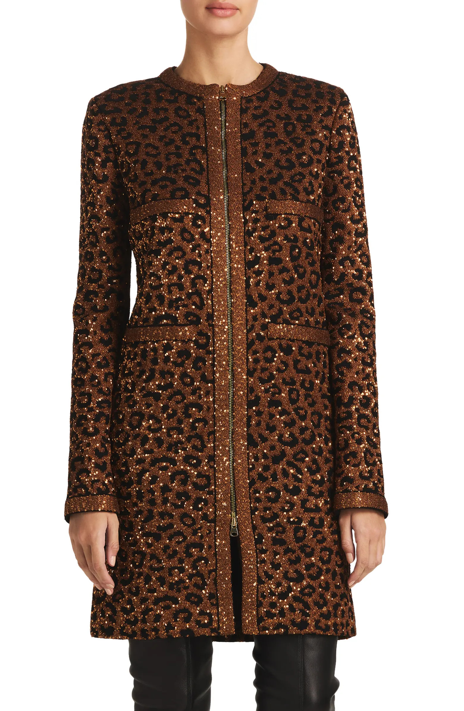 Sequin Leopard Jacquard Long Jacket | Nordstrom
