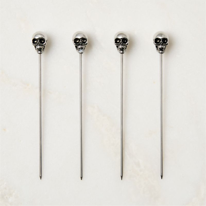 Skull Polished Nickel Cocktail Picks Set of 4 | CB2 | CB2