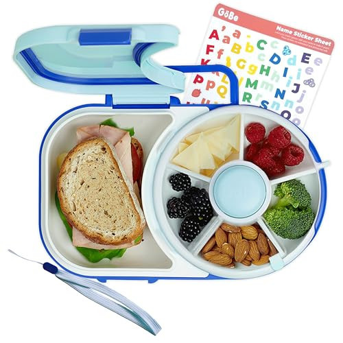 GoBe Kids Lunchbox with Small Snack Spinner Flip - Bundle with Hand Strap & Sticker Sheet, 2-in-1 Bento Style Lunch Container, 5 Small +1 Large Sandwich Compartment, BPA & PVC Free- Macaron Blue | Amazon (US)