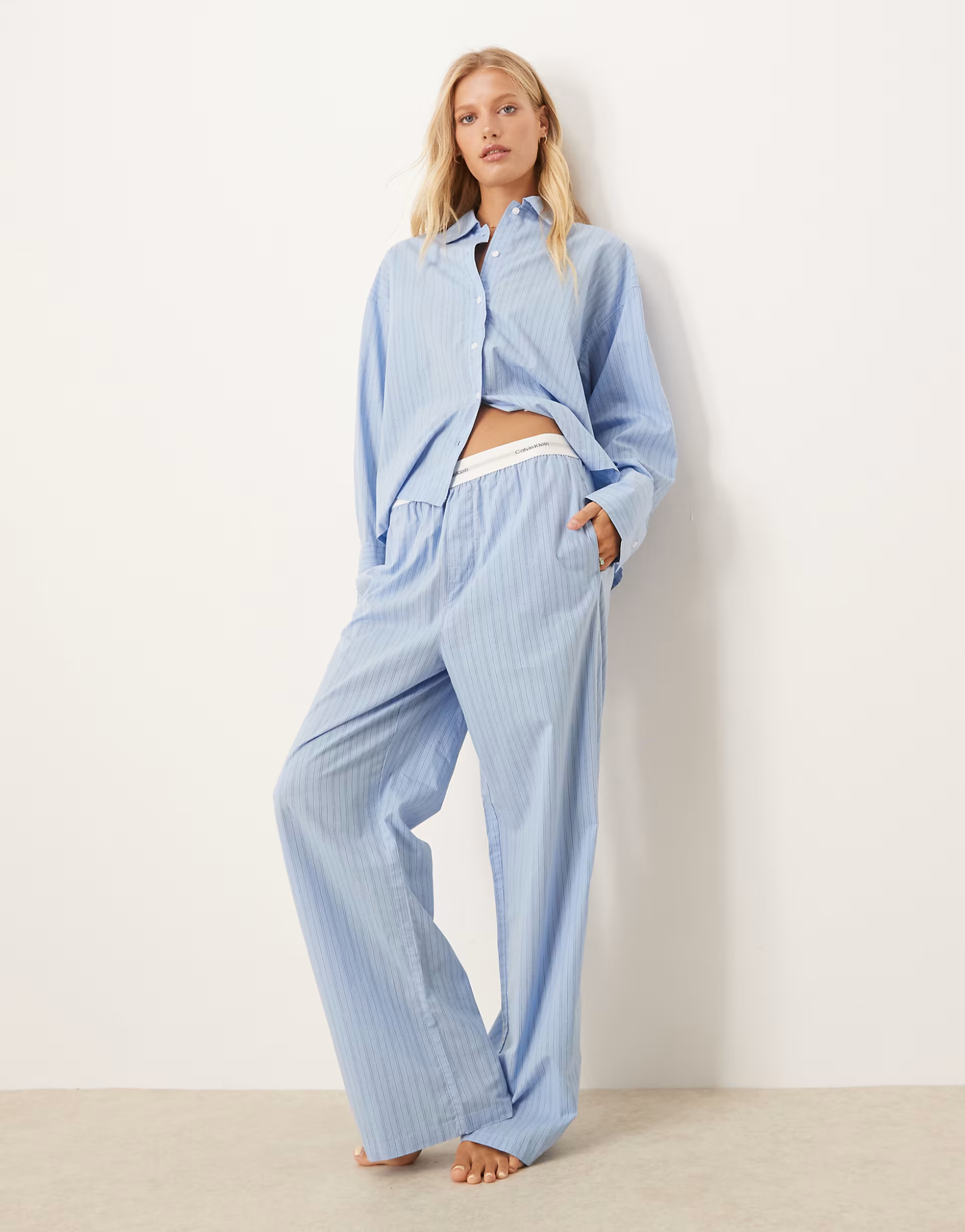 Calvin Klein cotton poplin pyjama bottoms in blue stripe | ASOS (Global)
