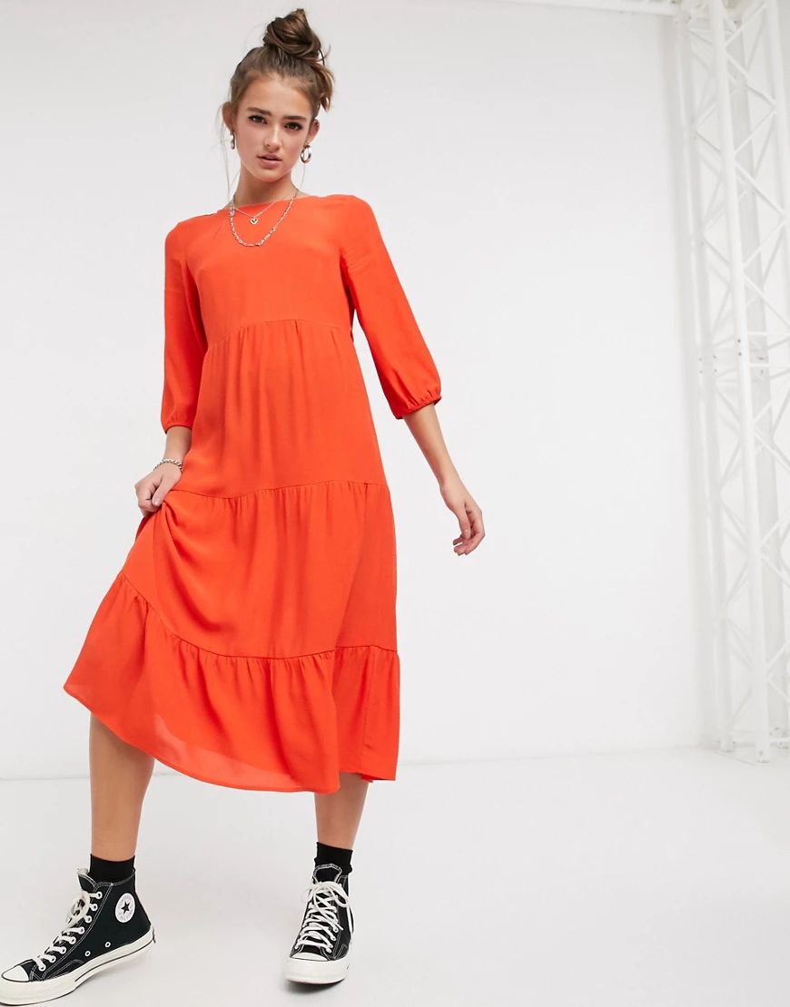 New Look 3/4 sleeve tiered midi smock dress in orange | ASOS (Global)