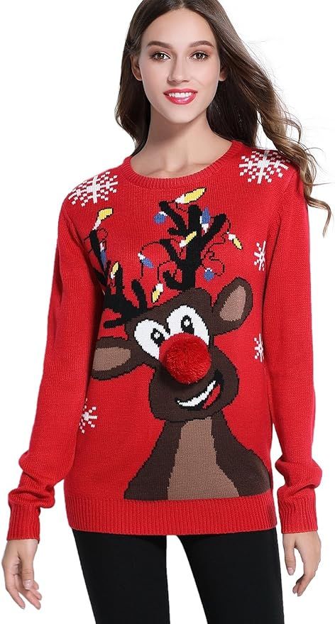 Women's Christmas Reindeer Themed Knitted Holiday Sweater Girl Pullover | Amazon (US)